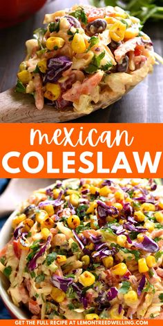 mexican coleslaw salad in a white bowl on top of a wooden spoon with the title above it