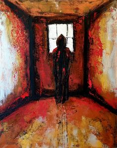 a painting of a person standing in front of a window with red and yellow paint