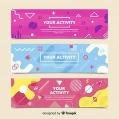 three colorful banners with abstract shapes and lines on the bottom one is for your activity