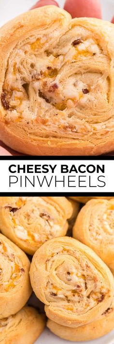 there are two pictures of cheesy bacon pinwheels