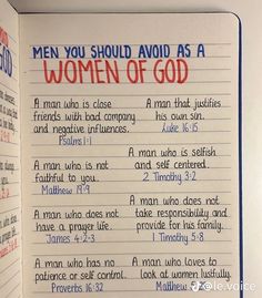 an open book with writing on it and the words men you should avoid as a women of god