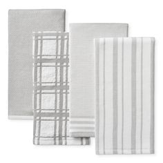 three white towels and one gray towel on a white background with checkered pattern in the middle