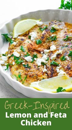 lemon and feta chicken in a white casserole dish with parsley on the side