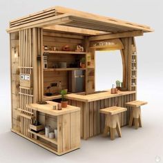 an outdoor kitchen made out of wood with stools on the side and tables in front