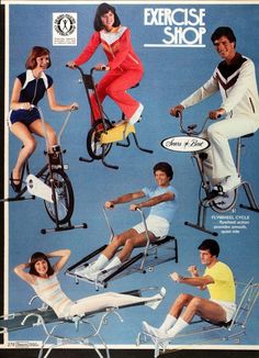 an advertisement for the exercise shop featuring people in chairs and bicycles, including a man on a bike