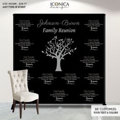 a family tree with names on it in front of a white chair and black background