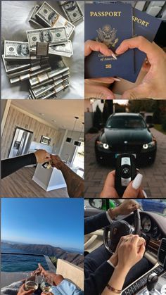 a collage of photos showing people driving cars and holding money in their hands, with the words passport written on them