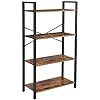 three tiered shelving unit with wood shelves