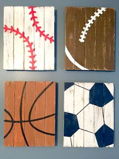 four pieces of wood that have different designs on them, each with a basketball and soccer ball painted on it