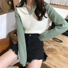 Turn-down Collar Long Sleeve T-shirts Women Patchwork Trendy Korean Style Streetwear Outwear Knitted Loose Chic Vintage Stretchy Slim Sweater, T Shirts Women, Early Spring Outfits, Current Fashion Trends, Shirts Women, Chic Vintage, Style Streetwear, Knit Crop, Petite Outfits