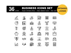 the business icons set is shown in black and white, with yellow circles around it