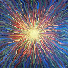 an abstract painting with multicolored lines and swirls in the shape of a sun