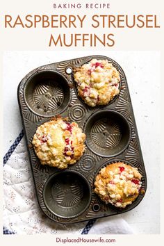 raspberry streusel muffins on a baking tray with text overlay