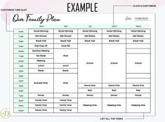 a printable planner with the text example for each family's day on it