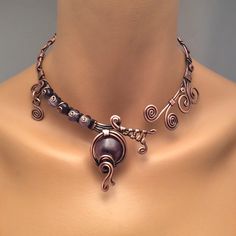 Statement Amethyst Necklace, Open necklace, Copper Necklace For Women, Purple Stone Necklace, Copper Jewelry, Amethyst Choker Necklace by BeyhanAkman on Etsy Unique Amethyst Necklaces, Unique Round Wire Wrapped Necklaces, Unique Wire Wrapped Round Necklace, Wire Wrapped Round Necklace, Wire Wrapped Choker Necklace As Gift, Wire Wrapped Choker Necklace For Gift, Wire Wrapped Metal Pendant Necklace, Wire Wrapped Choker Necklace Gift, Elegant Copper Necklace With Round Pendant