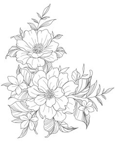 a bouquet of flowers is shown in this black and white drawing, with leaves on the bottom