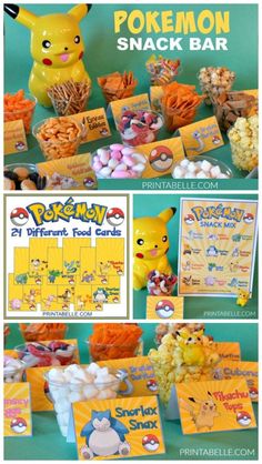 pokemon themed dessert table with candy and snacks