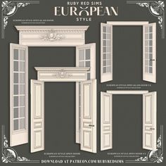 the european style windows and doors are shown in three different styles, including one for each window