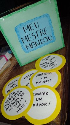 some yellow and white circles with writing on them next to a sign that says meu mestre mandu