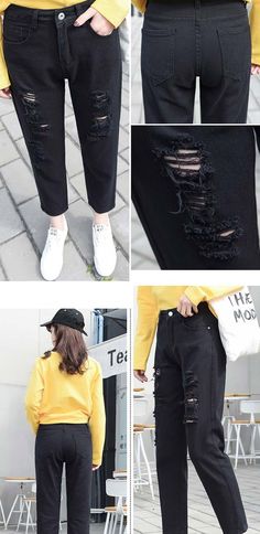 FREE SHIPPING Ripped Jeans Woman High Waist Boyfriend Jeans Pants JKP3644 Black Ripped Pants For Spring, Casual Ripped Pants For Fall, Trendy Slim Fit Winter Pants, Stretch Ripped Straight Leg Pants, Black Ankle-length Jeans For Spring, Black Stretch Ripped Pants, Casual Stretch Ripped Pants, Ripped Slim Fit Bottoms For Fall, Ripped Slim Fit Bottoms For Spring