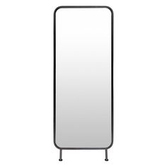 a tall mirror sitting on top of a metal stand next to a white wall and black frame