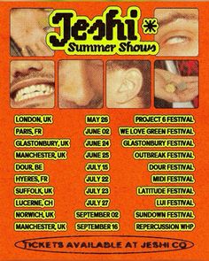 the poster for jeshi summer show, which features various faces and words on an orange background