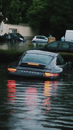 a car that is sitting in the water near some bushes and cars parked on the side of the road