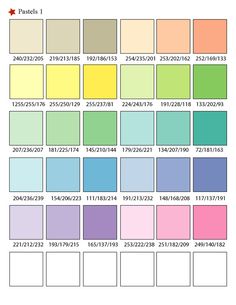 the color chart is shown with different colors and numbers for each type of paint scheme