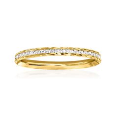 a yellow gold wedding band with white diamonds