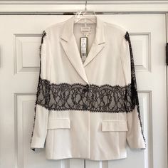 Nicole Miller Artelier White Black Lace Blazer Jacket Sz Large New With Tags White With Black Lace Retail:$550 Silk Sheer Back Two Functional Pockets Designer White Spring Blazer, Designer White Blazer For Spring, White Designer Blazer For Spring, Designer White Blazer For Fall, Designer White Evening Blazer, Lace Blazer Jacket, Lace Blazer, Nicole Miller, Blazer Suit