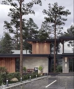 a modern house surrounded by trees on a cloudy day