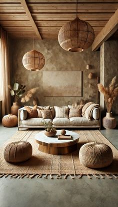 a living room filled with lots of furniture and decor on top of a carpeted floor