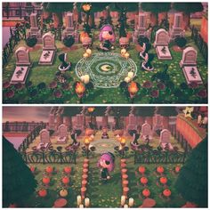 two pictures of the same area in animal crossing, and one shows an empty cemetery