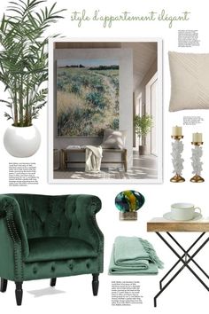 a living room with green furniture and accessories