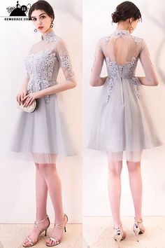 Cheap Homecoming Dresses Pretty Lace Collar Tulle Homecoming Dress Short with Sleeves #MXL86070 at GemGrace. View more special Special Occasion Dresses,Homecoming Dresses,Cheap Homecoming Dresses,Short Homecoming Dresses,Long Sleeve Homecoming Dresses,Modest Homecoming Dresses now? #GemGrace To buy delicate gowns at affordable prices. Over 399 new styles added, shop now to get $5 off! All free shipping! Gray Knee-length Wedding Dress, Gray Short Sleeve Dress For Wedding, Homecoming Dress With Sleeves, After Prom Dresses, Modest Homecoming Dresses, Trendy Dress Styles, Delicate Gown, Pretty Dresses Casual, Homecoming Dress Short