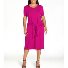 Time And Tru Tie Waist Knit Dress Approx. 42" Long With 6" Splits On Both Side Casual Purple Knee-length Midi Dress, Pink Knee-length Tie Waist Midi Dress, Purple Short Sleeve Midi Dress For Daywear, Pink Knee-length Midi Dress With Tie Waist, Casual Purple Midi Dress For Daywear, Short Tiered Dress, Coral Sundress, Waist Tie Dress, Pink Cotton Dress