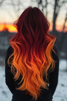 Orange Ombré Hair, Red To Orange Ombre Hair, Red And Orange Hair, Fire Ombre Hair, Fire Hair Color, Orange Ombre Hair, Ombre Hairstyles