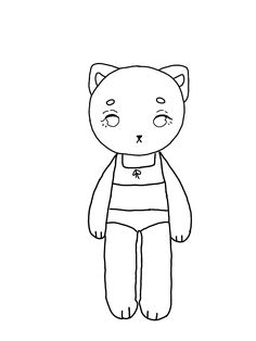 a black and white drawing of a teddy bear with eyes wide open, wearing pajamas