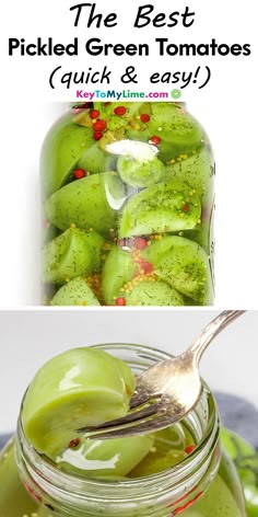 Two images of pickled green tomatoes, with title text at the top. Pickled Green Onions Recipe, Green Tomatoes Recipes, Pickled Green Tomatoes Recipe, Tomato Pickle Recipe, Canning Green Tomatoes, Pickled Foods, Pickled Green Tomatoes, Pickled Tomatoes