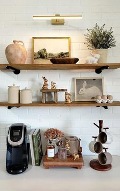 some shelves with various items on top of them