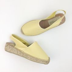 - New!! - Size 5.5 - Yellow Leather Suuuuper Soft! / Tan Woven Heel - Slingback Style Casual Slingback Pumps With Round Toe For Spring, Yellow Casual Slingback Sandals, Casual Round Toe Slingback Pumps For Spring, Yellow Slingback Pumps For Spring, Yellow Slingback Sandals With Removable Insole, Yellow Round Toe Slingback Sandals, Yellow Flat Sandals With Rubber Sole, Yellow Round Toe Slingback Sandals Casual, Casual Yellow Slingback Sandals With Round Toe