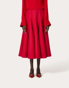 Crepe Couture Midi skirt - Concealed rear zip closure - Crepe Couture (65% Virgin Wool, 35% Silk) - Habotai lining - Length: 87 cm / 34.2 in. from the waist in an Italian size 40 - The model is 176 cm / 5'9" tall and wears an Italian size 40 - Made in Italy The look of the model is completed by a Valentino Garavani Ohval Bag and Valentino Garavani The Bold Edition Shoes. Couture Perfume, Woman In Red, Woman In Black, Studded Sneakers, Oxford Boots, Wedge Loafers, Women Skirts Midi, Valentino Garavani, Outerwear Jackets