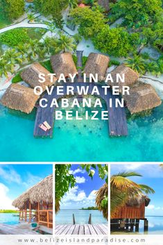 an aerial view of the water and beach with text that reads stay in an overwater cabanan in belize