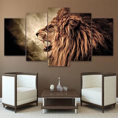 a living room scene with a lion on the wall