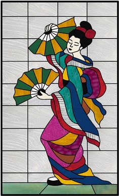 a stained glass window with a woman holding an umbrella in front of a tiled wall