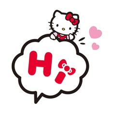 hello kitty is sitting on top of a cloud with the letter h in it's mouth