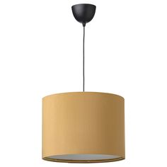 a light fixture with a beige shade on the bottom and an olive green drum hanging from the ceiling