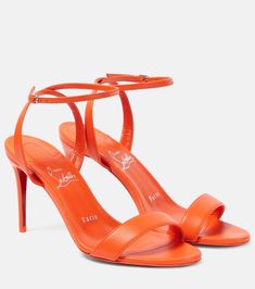 Loubigirl 85 leather sandals in orange - Christian Louboutin | Mytheresa Orange Strappy Heels, Louboutin Online, Christian Louboutin Sandals, Manolo Blahnik Hangisi, Velvet Pumps, Red Louboutin, Mid Heel Sandals, Christian Louboutin Women, Blue Sandals