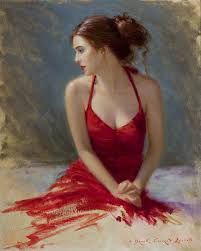 a painting of a woman in a red dress sitting on the ground with her hands behind her back