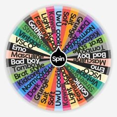 a spinning wheel with words written in different languages on the front and back sides, as well as an orange circle that says spin